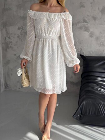 Brg Clothing Beyaz Kurusu Yakası Fırfırlı Kayık Yaka Şifon Astarlı Belden Oturan Elbise