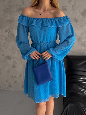 Brg Clothing Mavi Kurusu Yakası Fırfırlı Kayık Yaka Şifon Astarlı Belden Oturan Elbise