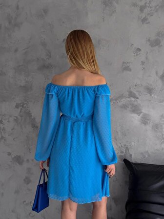 Brg Clothing Mavi Kurusu Yakası Fırfırlı Kayık Yaka Şifon Astarlı Belden Oturan Elbise