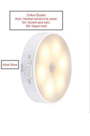 Hareket Sensörlü 8 Ledli Usb Şarjlı Beyaz Işık Led Işık On/auto/off Modlu Dolap İçi, Koridor Type-c