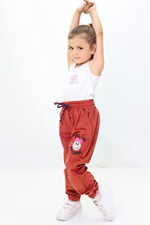 Kız Çocuk Emoji Nakışlı Kadife Pantolon