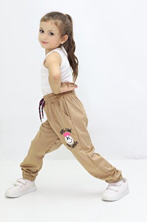 Kız Çocuk Emoji Nakışlı Kadife Pantolon