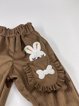 Kız Çocuk Fırfırlı Tavşanlı Kadife Pantolon