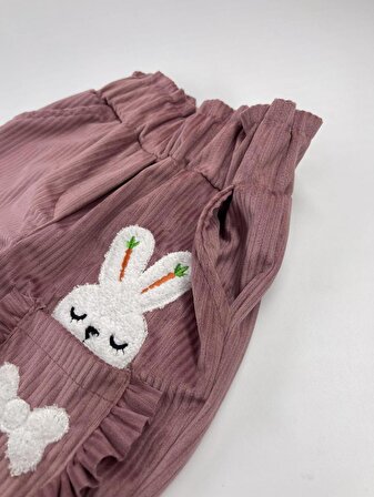 Kız Çocuk Fırfırlı Tavşanlı Kadife Pantolon