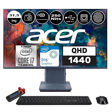 Acer ASPIRE S32-1856 Intel Core i7-1360P 16GB 512GB SSD 31,5" QUAD HD 1440P Windows 11 Home Touchpad Parmak izi okuyucu All in One Bilgisayar WHDQBL6EM001+ Zetta Flash Bellek