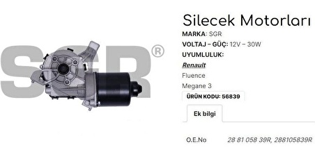 FLUENCE MEGANE 3 ÖN CAM SİLECEK MOTORU / SGR-56839