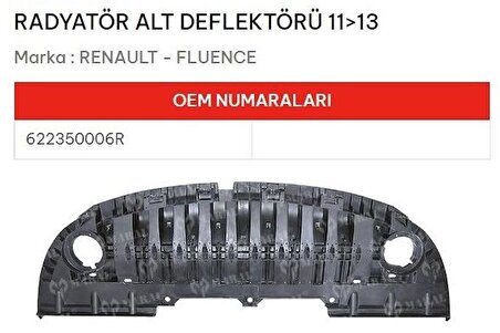 Renault Fluence Ön Tampon Alt Muhafazası 2011-2013 / 622350006R *NS*
