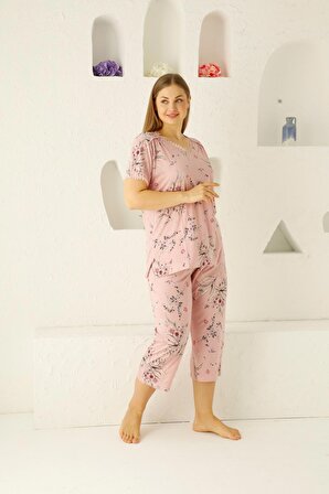 Kadın Düğmesiz Viskon Geniş Battal Büyük Beden Kapri/Bermuda Pijama Takımı