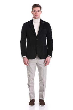 Lacivert Slim Fit Düz Mono Yaka Pamuklu Kadife Ceket | 46