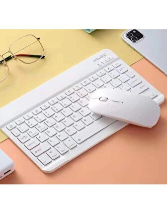 Apple iPad Air - iPad 5 9.7" Uyumlu Kablosuz Bluetooth Şarjlı Mini Q Klavye Mouse Seti - Beyaz
