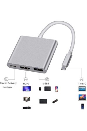 3in1 Macbook Uyumlu 4k  Ultra HD Type C Usb 3.0 Hub Hdmi Çevirici Dönüştürücü Aparat
