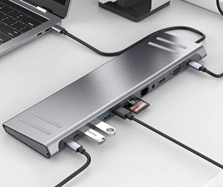14in1 Type-C to USB 3.0-SD/TF-RJ45-HDMI-VGA Aktarıcı Dönüştürücü Çoklayıcı Aparat Çevirici Adaptör