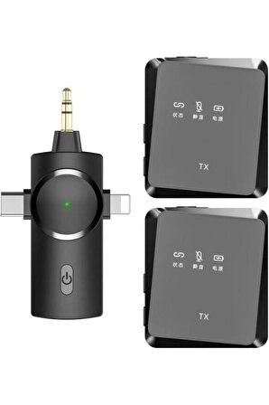 Kablosuz İkili Yaka Mikrofonu iPhone ve Android Uyumlu 3.5mm Aux Type-C Kondansatörlü Youtuber