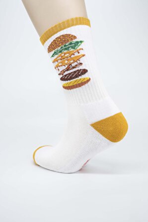 Unisex Hamburger ve Pizza Desenli Eğlenceli Desenli Neşeli Soket Çorap