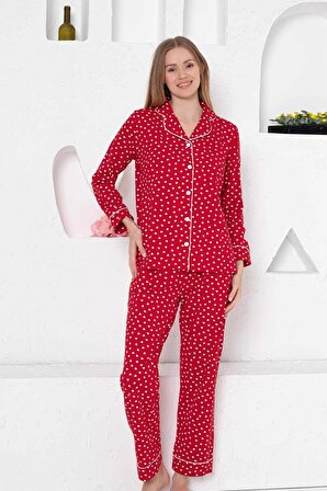 Kadın Kırmızı Kalpli Önden Düğmeli Gömlek Yaka Uzun Kol Mevsimlik Pamuk Likra Cepli Pijama Takımı