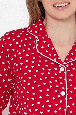 Kadın Kırmızı Kalpli Önden Düğmeli Gömlek Yaka Uzun Kol Mevsimlik Pamuk Likra Cepli Pijama Takımı