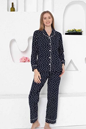 Kadın Lacivert Kalpli Önden Düğmeli Gömlek Yaka Uzun Kol Mevsimlik Pamuk Likra Cepli Pijama Takımı