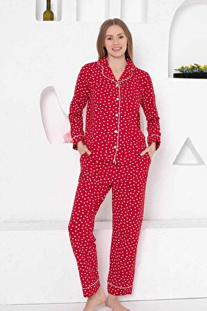 Kadın Kalpli Önden Düğmeli Gömlek Yaka Uzun Kol Cepli Pijama Takımı