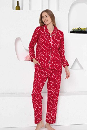 Kadın Kalpli Önden Düğmeli Gömlek Yaka Uzun Kol Cepli Pijama Takımı