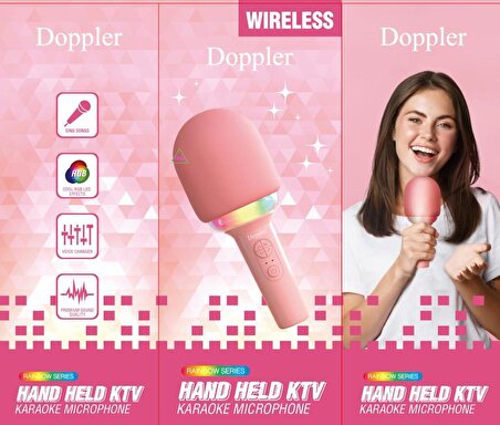 Doppler Rainbow Pembe Karaoke Mikrofonu Ledli Ses Değiştirme Özellikli Işıklı Yeni