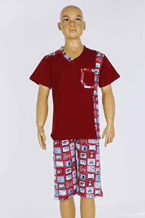Erkek Çocuk Kapri Pijama Takımı Kısa Kollu Likralı BORDO
