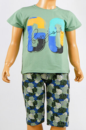 Erkek Çocuk 2 li Kapri Bermuda Pijama Takımı Kısa Kollu Likralı KARISIK RENKLI