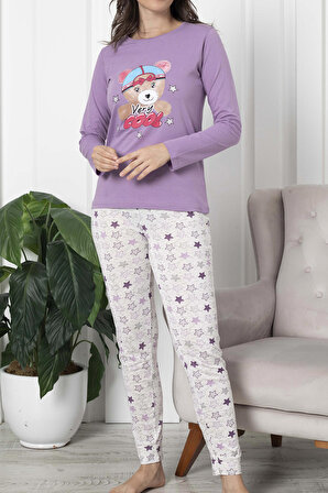 Kadın Pijama Takımı Uzun Kollu Pamuklu LİLA