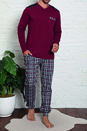 Erkek Pijama Takımı Uzun Kollu Cepli Pamuk Likralı Ekose BORDO