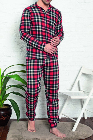 Erkek Düğmeli Pijama Takımı Uzun Kollu Cepli Polar Ekose KIRMIZI