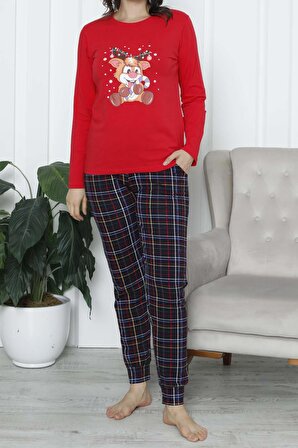 Kadın Pijama Takımı Uzun Kollu Cepli Likralı Pamuklu Ekose Yılbaşı Sevgililer Günü KIRMIZI