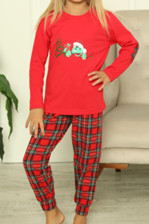 Kız Çocuk Uzun Kollu Pijama Takımı Pamuklu Likralı KIRMIZI