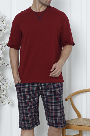 Erkek Şortlu Bermuda Pijama Takımı Kısa Kollu Cepli Pamuk Ekose BORDO