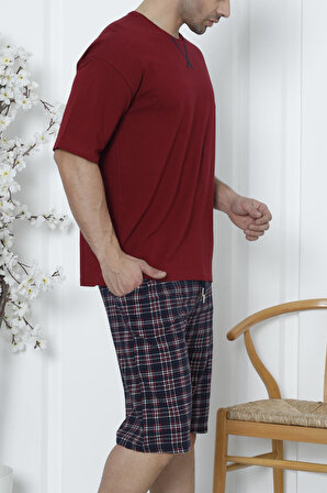 Erkek Şortlu Bermuda Pijama Takımı Kısa Kollu Cepli Pamuk Ekose BORDO