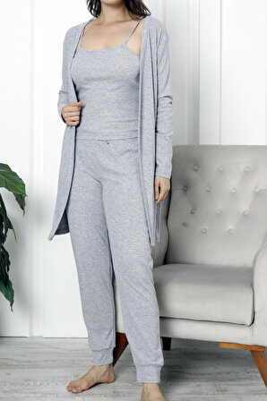 Kadın Sabahlıklı Pijama Takımı İp Askılı Pamuk Likrali Kaşkorse 3 Lu GRİ