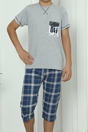Erkek Çocuk Kapri Bermuda Pijama Takımı Kısa Kollu Pamuk Garson Cepli GRİ