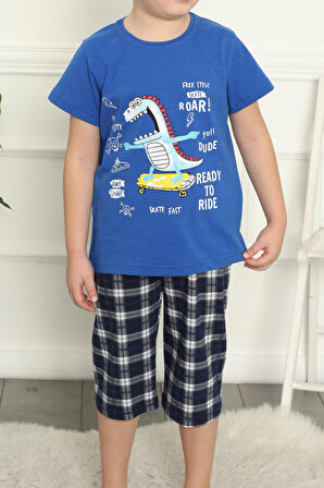 Erkek Çocuk Bermuda Kısa Kollu Pijama Takımı Dinazor MAVİ