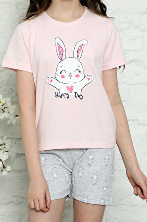 Kız Çocuk Kısa Kollu Şortlu Pijama Takımı Pamuk Likrali PEMBE