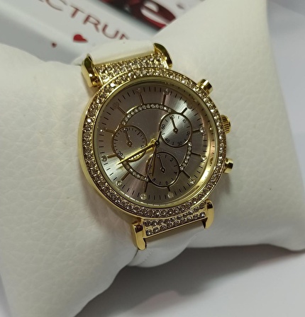 Taşlı kadın kol saati bayan kol saati deri kordon taşlı gold woman watch