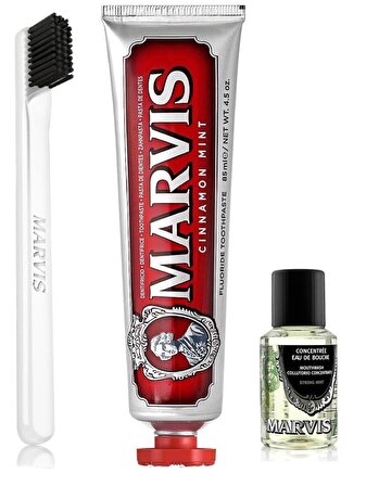 Marvis Cinnamon Mint Diş Macunu 85 ml + Yumuşak Diş Fırçası + Konsantre Ağız Gargarası 30 ml
