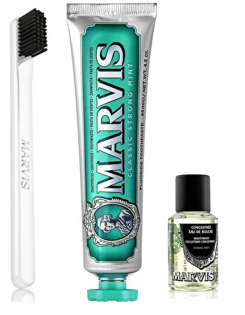 Marvis Classic Strong Mint Diş Macunu 85 ml + Yumuşak Diş Fırçası + Konsantre Ağız Gargarası 30 ml