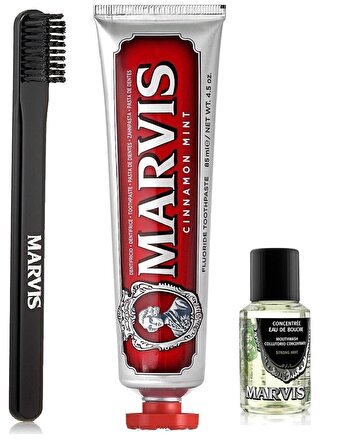 Marvis Cinnamon Mint Diş Macunu 75 ml + Orta Sert Diş Fırçası + Konsantre Ağız Gargarası 30 ml