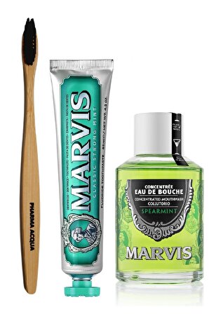 Pharma Acqua Bambu Diş Fırçası + Marvis Classic Strong Mint Diş Macunu 85 ml + Spearmint Ağız Gargarası 120 ml