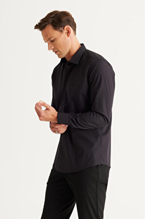 Erkek Siyah Ütülemesi Kolay Slim Fit Dar Kesim Klasik Yaka Pamuklu Gömlek