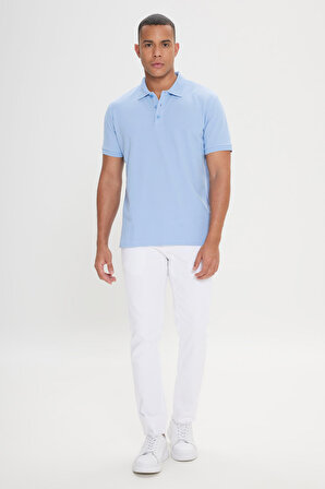 Erkek Açık Mavi %100 Pamuk Kıvrılmaz Yaka Slim Fit Dar Kesim Polo Yaka Kısa Kollu Tişört