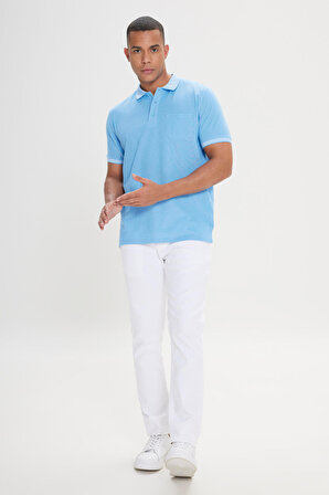 Erkek Çekmeyen Pamuklu Kumaş Regular Fit Geniş Kesim Mavi Kıvrılmaz Polo Yaka Cepli Tişört