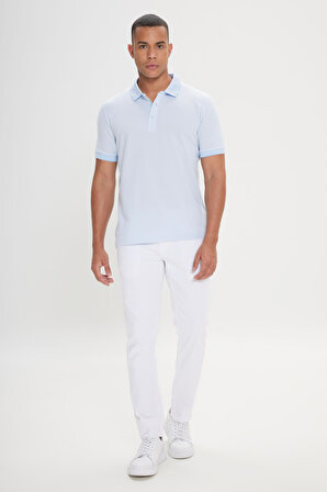 Erkek Çekmeyen Pamuklu Kumaş Slim Fit Dar Kesim Açık Mavi Kıvrılmaz Polo Yaka Tişört