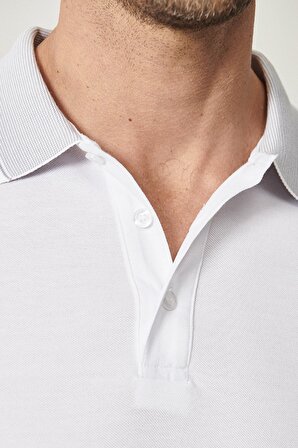Erkek Çekmeyen Pamuklu Kumaş Slim Fit Dar Kesim Beyaz Kıvrılmaz Polo Yaka T-shirt