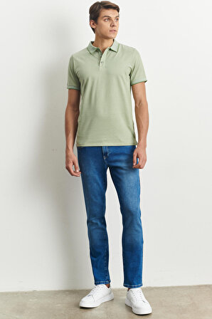 Erkek Çekmeyen Pamuklu Kumaş Slim Fit Dar Kesim Yeşil Kıvrılmaz Polo Yaka Tişört
