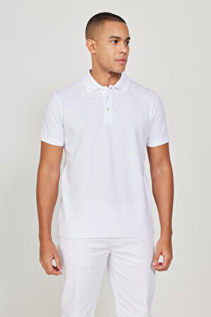 Erkek Beyaz %100 Pamuk Kıvrılmaz Yaka Slim Fit Dar Kesim Polo Yaka Kısa Kollu Tişört