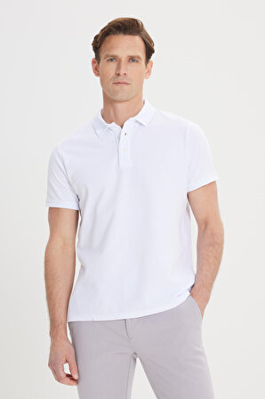 Erkek Beyaz %100 Pamuk Kıvrılmaz Yaka Slim Fit Dar Kesim Polo Yaka Kısa Kollu Tişört
